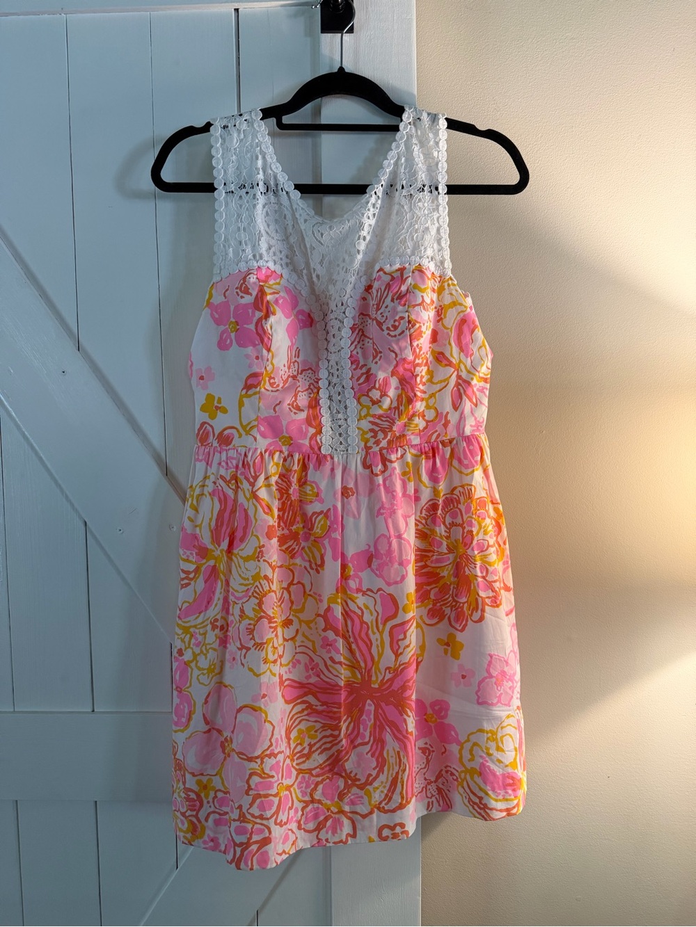 Lilly Pulitzer White Lace Yoke Dress with Pink Tie-Dye
